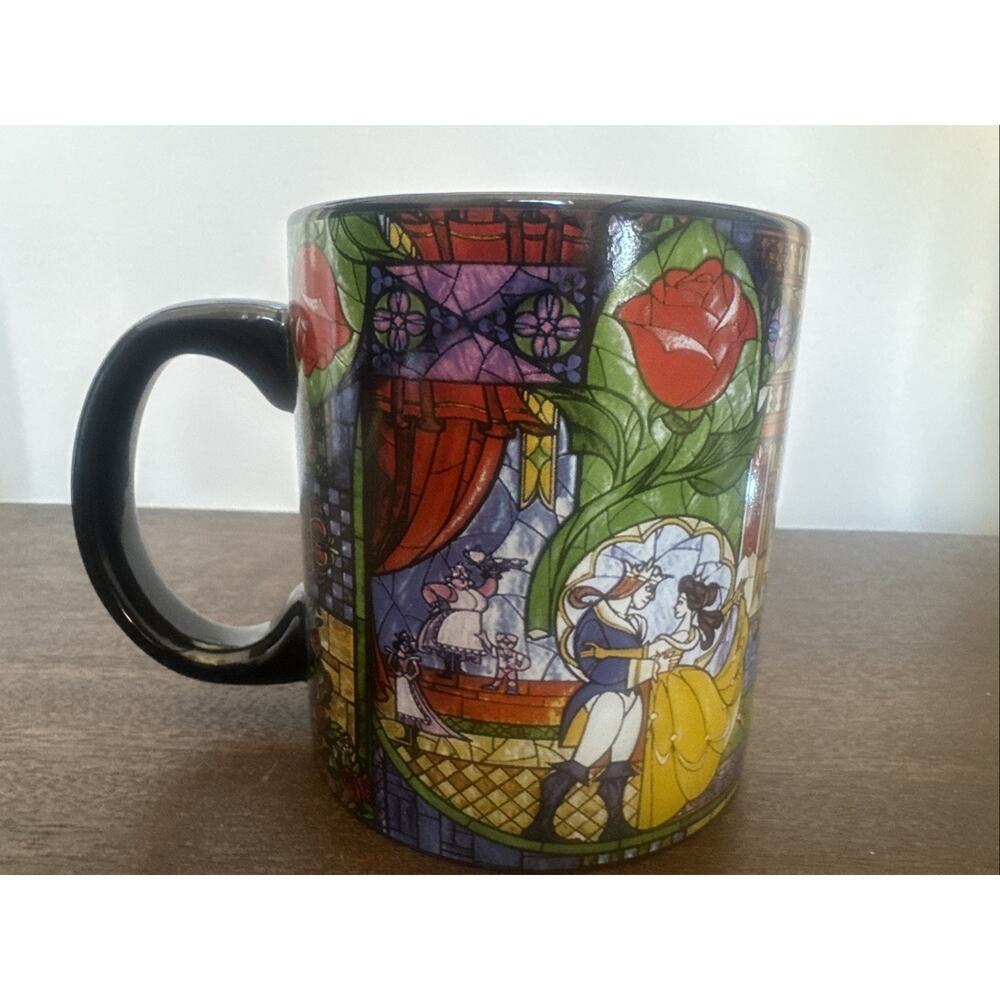 Disney Beauty & The Beast 20 oz Mug Stained Glass Rose Window Lumiere Cogsworth - Picture 3 of 10